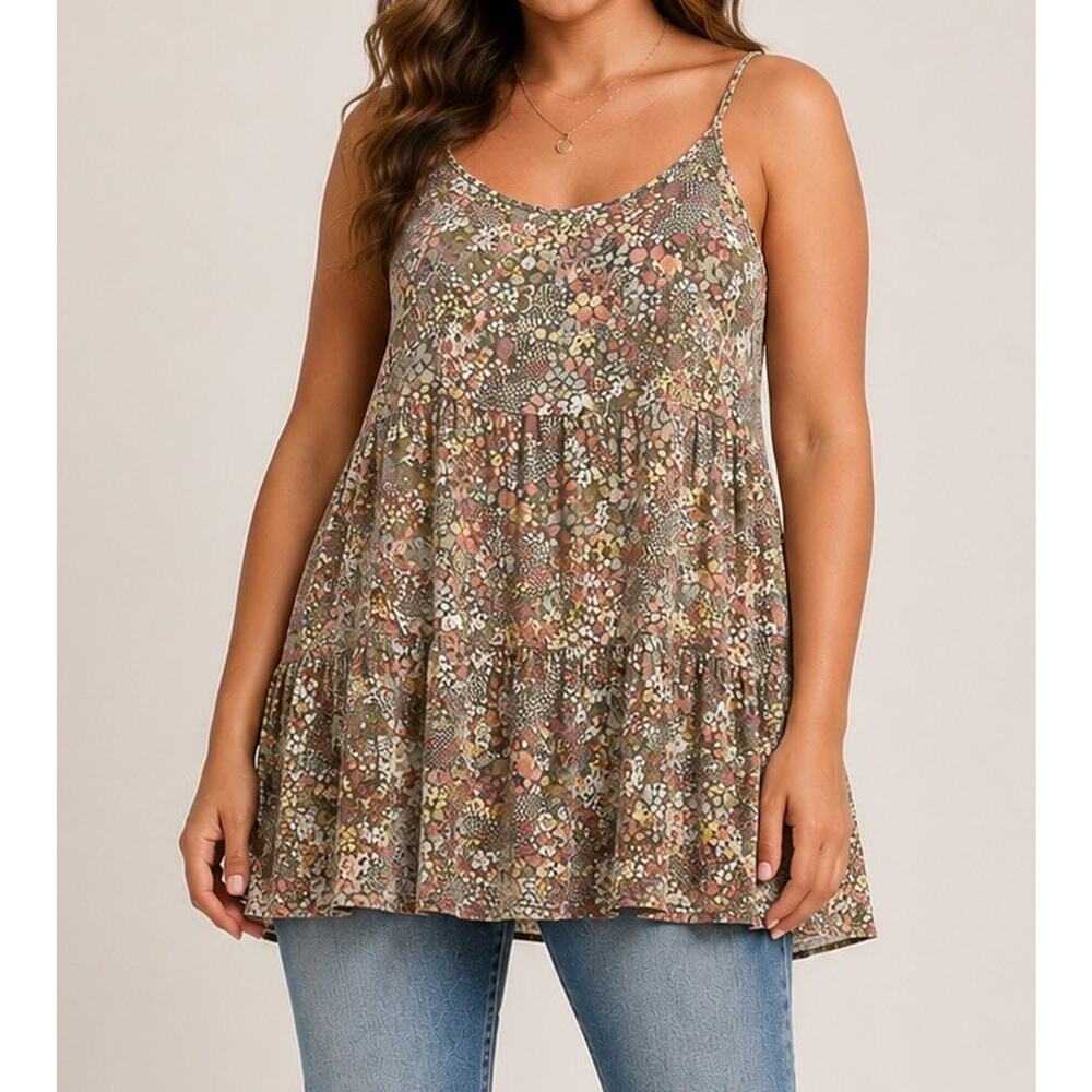 Mossimo Supply Co Women's XXL Tunic Top Mini Dress Khaki Green Floral Boho Fun